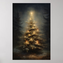 Weihnachtsbaum im Wald nachts dekoriert Poster