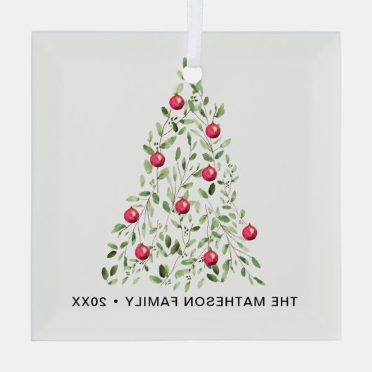 Weihnachtsbaum in Aquarellblättern Personalisiert Ornament Aus Glas (Rückseite)