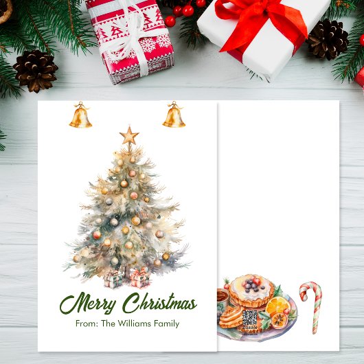 Weihnachtsbaum in Aquarellen mit Glocken, Feiertagskarte