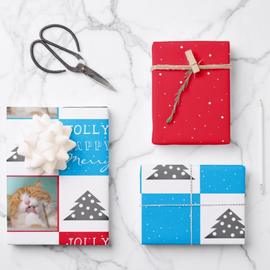 Weihnachtsbaum in Blau und Rotem Foto Geschenkpapier Set (Vorderseite)