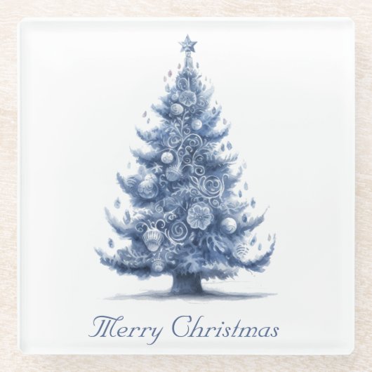 Weihnachtsbaum in Delft Blue, anpassbar Glasuntersetzer (Vorderseite)