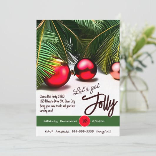 Weihnachtsbaum Jolly Rote Ornamente Tropisch Einladung (Stehend Vorderseite)