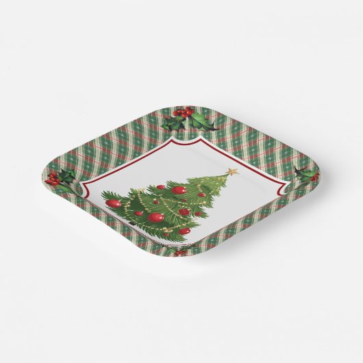 Weihnachtsbaum Kariert mit Holly Pappteller (Gewinkelt)