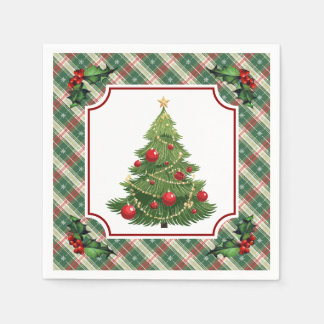 Weihnachtsbaum Kariert mit Stechpalme Serviette