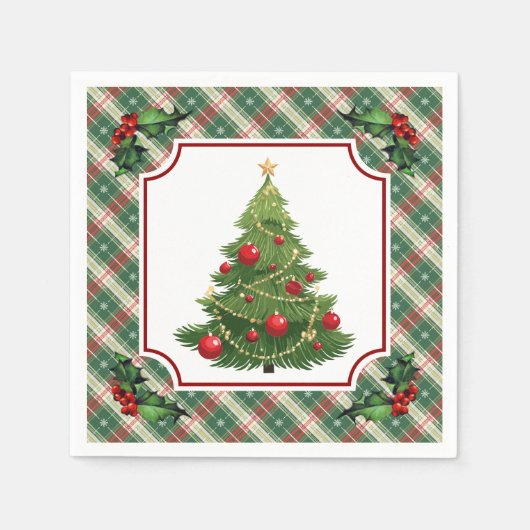 Weihnachtsbaum Kariert mit Stechpalme Serviette (Vorderseite)