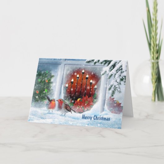 Weihnachtsbaum, Kerzen, Poinsettien und Rotkehlche Feiertagskarte (Vorderseite)
