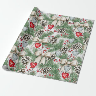 Weihnachtsbaum, Kiefernkonen und Vintage Ornamente Geschenkpapier