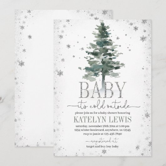 Weihnachtsbaum Kinderdusche Einladung Silber (Vorne/Hinten)