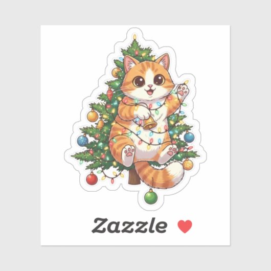 Weihnachtsbaum Kletterkatze verheddert in Lichtern Aufkleber (Blatt)