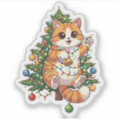Weihnachtsbaum Kletterkatze verheddert in Lichtern Aufkleber (Vorderseite)