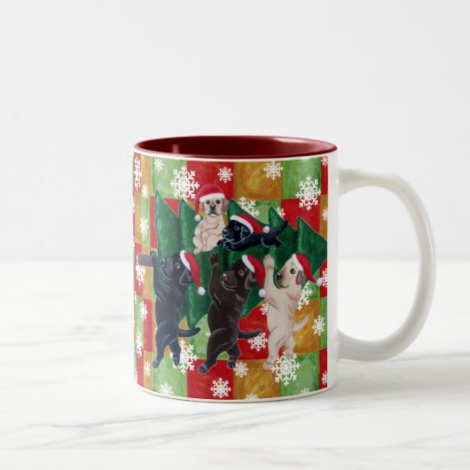 Weihnachtsbaum Labradors Mosaik u. Schneeflocken Zweifarbige Tasse (Rechts)