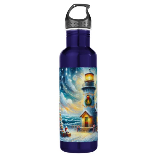 Weihnachtsbaum Leuchtturm Nautical Coastal Blue Edelstahlflasche (Vorderseite)