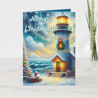 Weihnachtsbaum Leuchtturm Nautical Coastal Blue Feiertagskarte