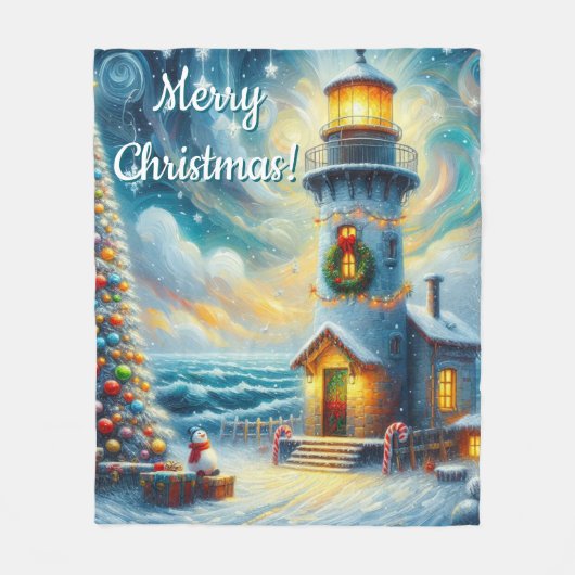Weihnachtsbaum Leuchtturm Nautical Coastal Blue Fleecedecke (Vorderseite)