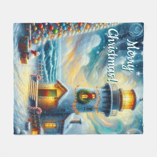 Weihnachtsbaum Leuchtturm Nautical Coastal Blue Fleecedecke (Vorderseite (Horizontal))