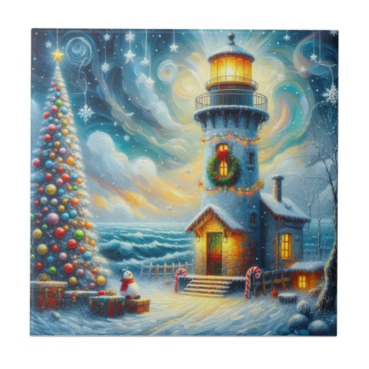 Weihnachtsbaum Leuchtturm Nautical Coastal Blue Fliese (Vorderseite)