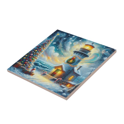 Weihnachtsbaum Leuchtturm Nautical Coastal Blue Fliese (Seite)