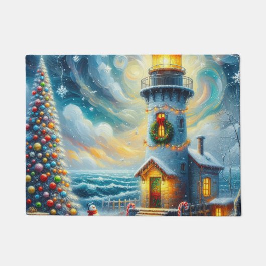 Weihnachtsbaum Leuchtturm Nautical Coastal Blue Fußmatte (Vorderseite)