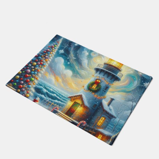 Weihnachtsbaum Leuchtturm Nautical Coastal Blue Fußmatte (Schrägansicht)