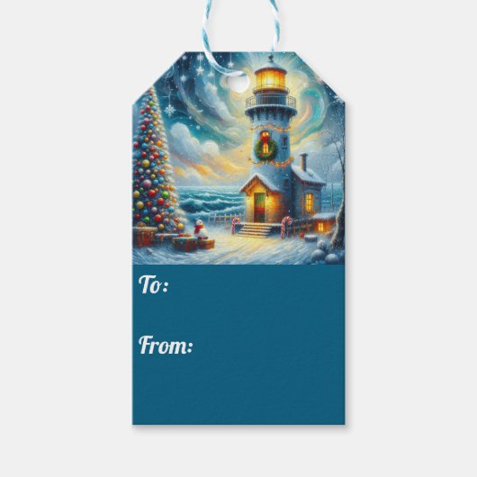 Weihnachtsbaum Leuchtturm Nautical Coastal Blue Geschenkanhänger (Vorderseite)
