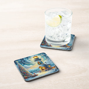 Weihnachtsbaum Leuchtturm Nautical Coastal Blue Getränkeuntersetzer