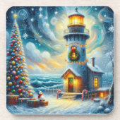 Weihnachtsbaum Leuchtturm Nautical Coastal Blue Getränkeuntersetzer (Vorderseite)