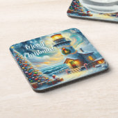 Weihnachtsbaum Leuchtturm Nautical Coastal Blue Getränkeuntersetzer (Linke Seite)