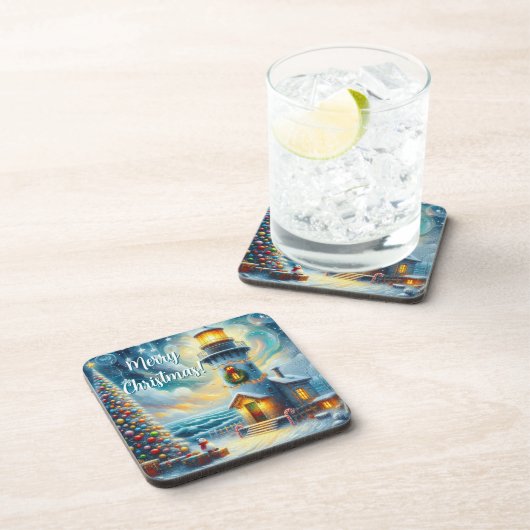 Weihnachtsbaum Leuchtturm Nautical Coastal Blue Getränkeuntersetzer (Rechte Seite)