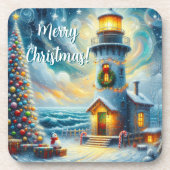 Weihnachtsbaum Leuchtturm Nautical Coastal Blue Getränkeuntersetzer (Vorderseite)