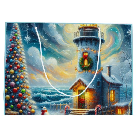 Weihnachtsbaum Leuchtturm Nautical Coastal Blue Große Geschenktüte (Rückseite)