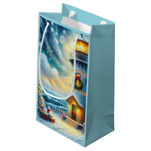 Weihnachtsbaum Leuchtturm Nautical Coastal Blue Kleine Geschenktüte (Rückseite Schrägansicht)