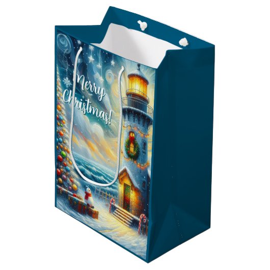 Weihnachtsbaum Leuchtturm Nautical Coastal Blue Mittlere Geschenktüte (Vorderseite Schrägansicht)