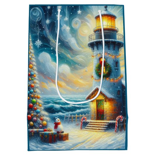 Weihnachtsbaum Leuchtturm Nautical Coastal Blue Mittlere Geschenktüte (Rückseite)
