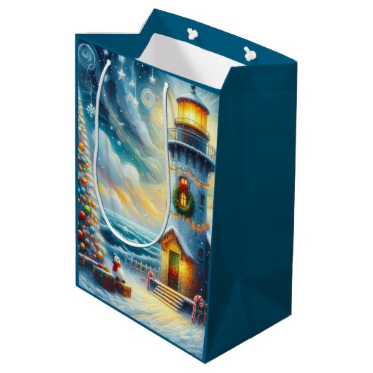 Weihnachtsbaum Leuchtturm Nautical Coastal Blue Mittlere Geschenktüte (Rückseite Schrägansicht)