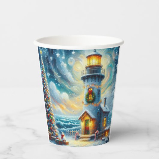 Weihnachtsbaum Leuchtturm Nautical Coastal Blue Pappbecher (Vorderseite)
