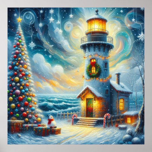 Weihnachtsbaum Leuchtturm Nautical Coastal Blue Poster (Vorne)