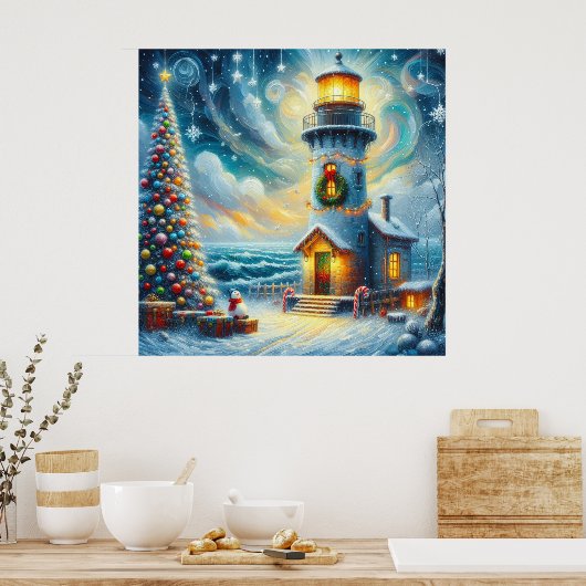Weihnachtsbaum Leuchtturm Nautical Coastal Blue Poster (Küche)