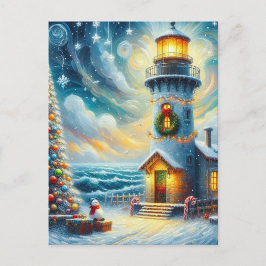 Weihnachtsbaum Leuchtturm Nautical Coastal Blue Postkarte (Vorderseite)