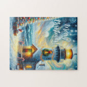 Weihnachtsbaum Leuchtturm Nautical Coastal Blue Puzzle (Horizontal)