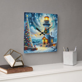 Weihnachtsbaum Leuchtturm Nautical Coastal Blue Quadratische Wanduhr