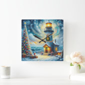 Weihnachtsbaum Leuchtturm Nautical Coastal Blue Quadratische Wanduhr (Zuhause)