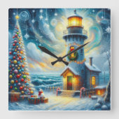 Weihnachtsbaum Leuchtturm Nautical Coastal Blue Quadratische Wanduhr (Vorderseite)