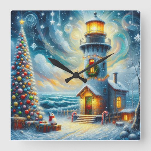 Weihnachtsbaum Leuchtturm Nautical Coastal Blue Quadratische Wanduhr (Vorderseite)