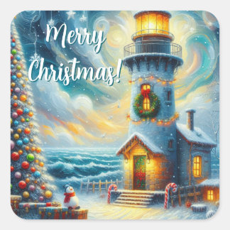 Weihnachtsbaum Leuchtturm Nautical Coastal Blue Quadratischer Aufkleber