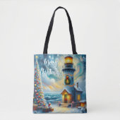 Weihnachtsbaum Leuchtturm Nautical Coastal Blue Tasche (Vorderseite)