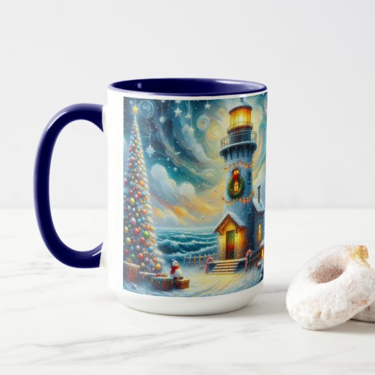 Weihnachtsbaum Leuchtturm Nautical Coastal Blue Tasse (Mit Donut)