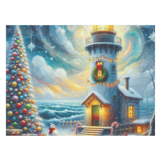 Weihnachtsbaum Leuchtturm Nautical Coastal Blue Tischdecke (Vorderseite (Horizontal))