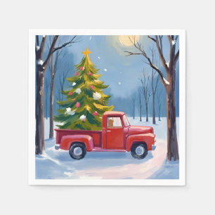 Weihnachtsbaum-Lieferung Roter LKW Aquarell Serviette