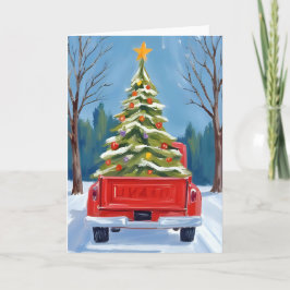 Weihnachtsbaum-Lieferung Rotes Lastwagen Wasserfar Feiertagskarte
