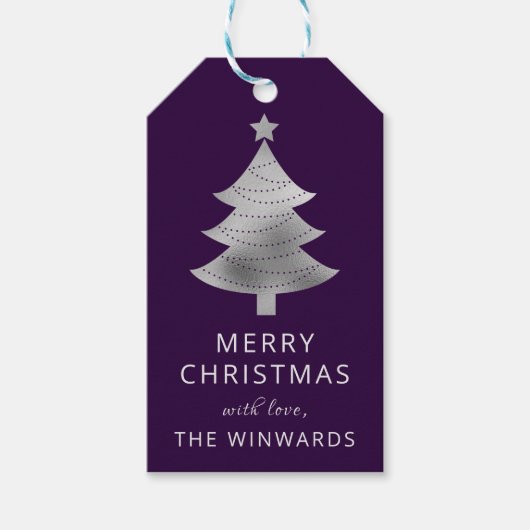 Weihnachtsbaum Lila und Silberner Foil Geschenkanhänger (Vorderseite)